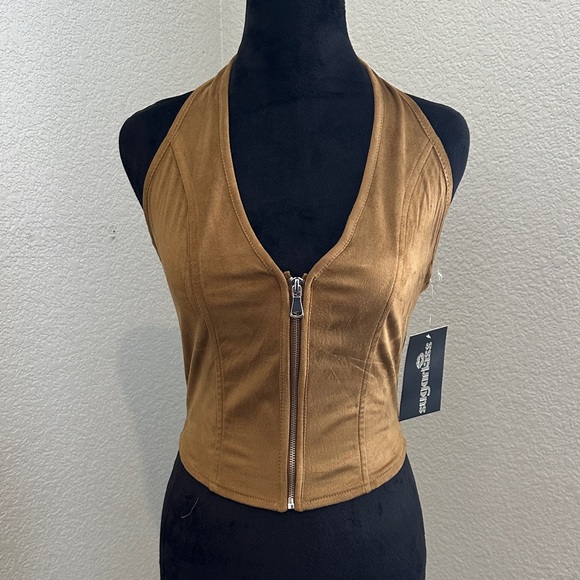 Sugarkiss Tan Zip-Up Halter Crop Top - Picture 1 of 6